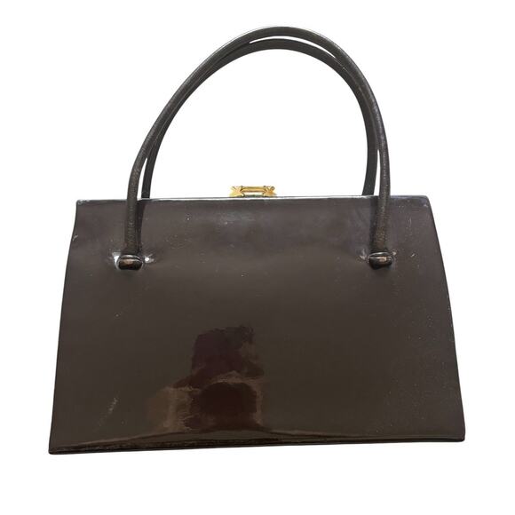 Waldybag Classic Dainty Dark Chestnut Brown Patent Leather Top Handles Bag 1950s
